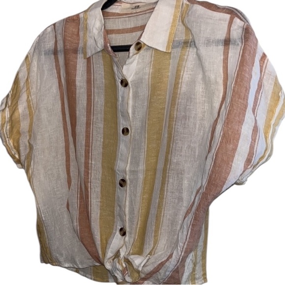 Thread & Supply medium neutral striped linen blend short sleeve button down - Picture 1 of 15